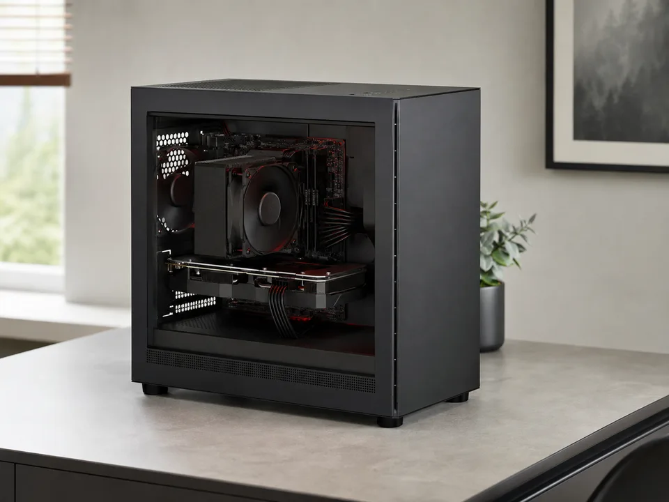 Illustration d'un PC compact noir avec refroidissement à air