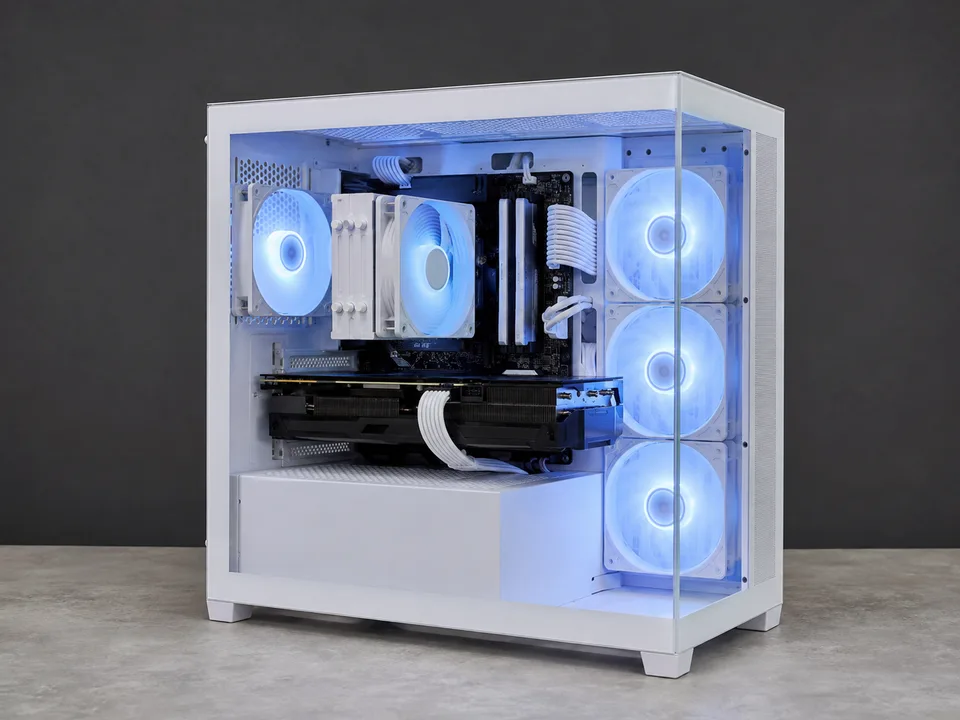 Illustration d'un PC blanc avec éclairage bleu discret