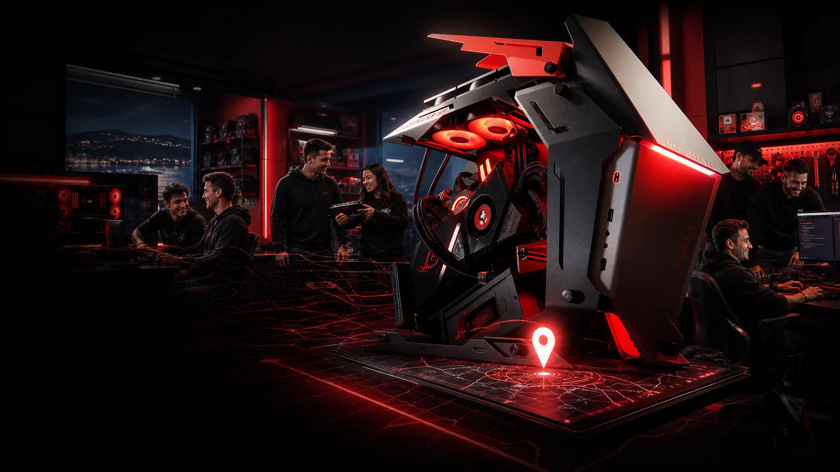 Zone PC4GAMER Lausanne avec PC gaming rouge et clients
